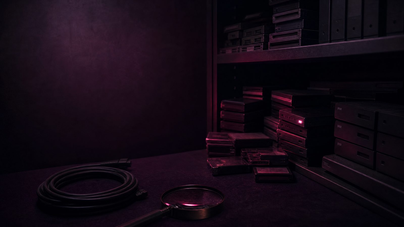 A shadowed archive shelf holding stacks of unlabelled data cartridges and small storage drives with one pink indicator light