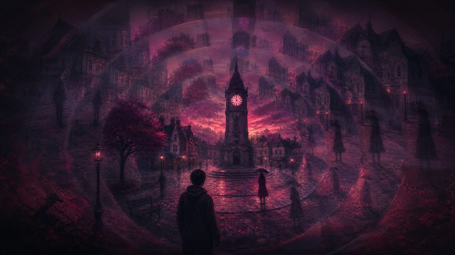 A town square repeating in concentric ghosted layers with a clock tower at the centre