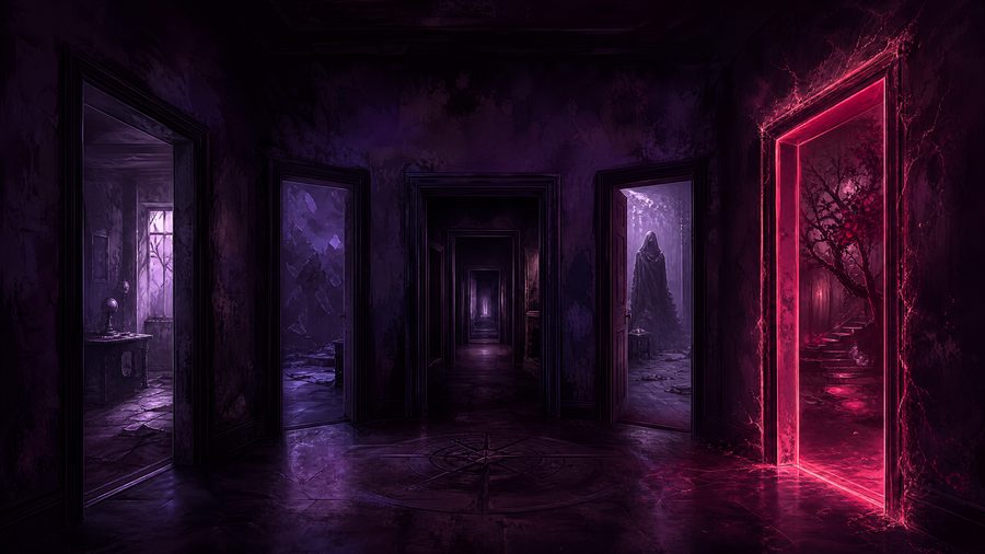 A corridor of doorways receding into darkness, each doorway showing a slightly different room beyond, one outlined in glowing pink