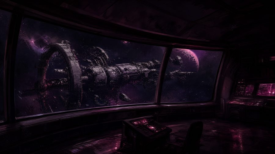 A curved observation deck window at night with a derelict space station outside