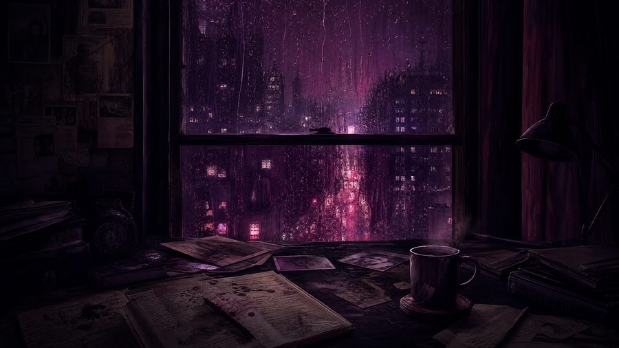A rain-streaked apartment window at night with case notes scattered on a desk