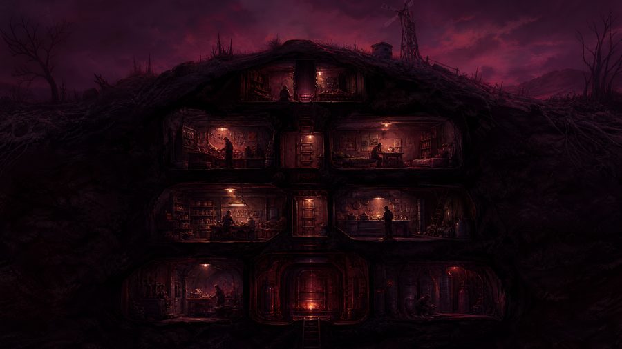 A cross-section of an underground shelter at night with several small lit chambers