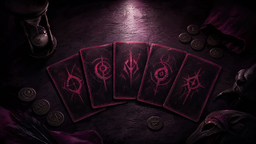 A shadowed table with a fan of abstract sigil cards, an hourglass and scattered tokens